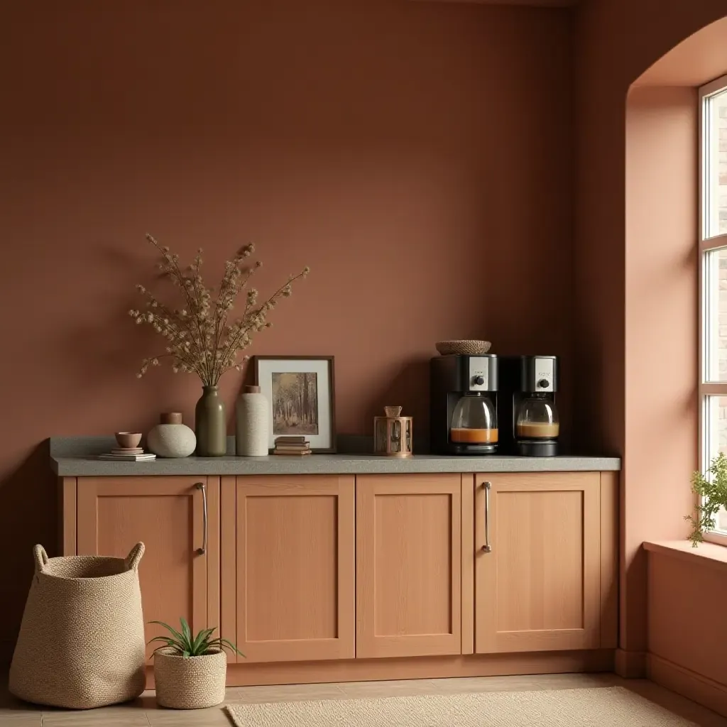 a photo of a coffee station with a warm color palette and cozy textiles