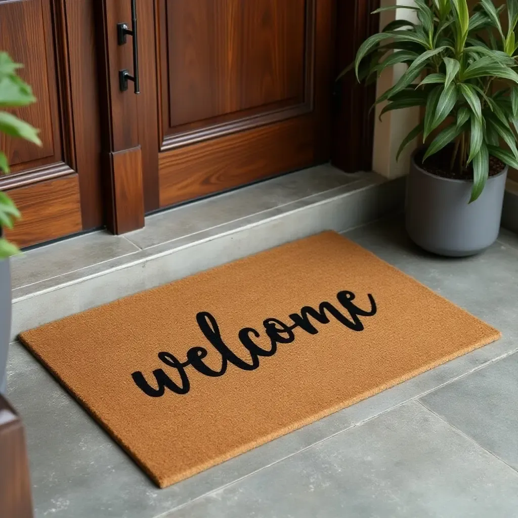 a photo of a wooden welcome mat at the entrance