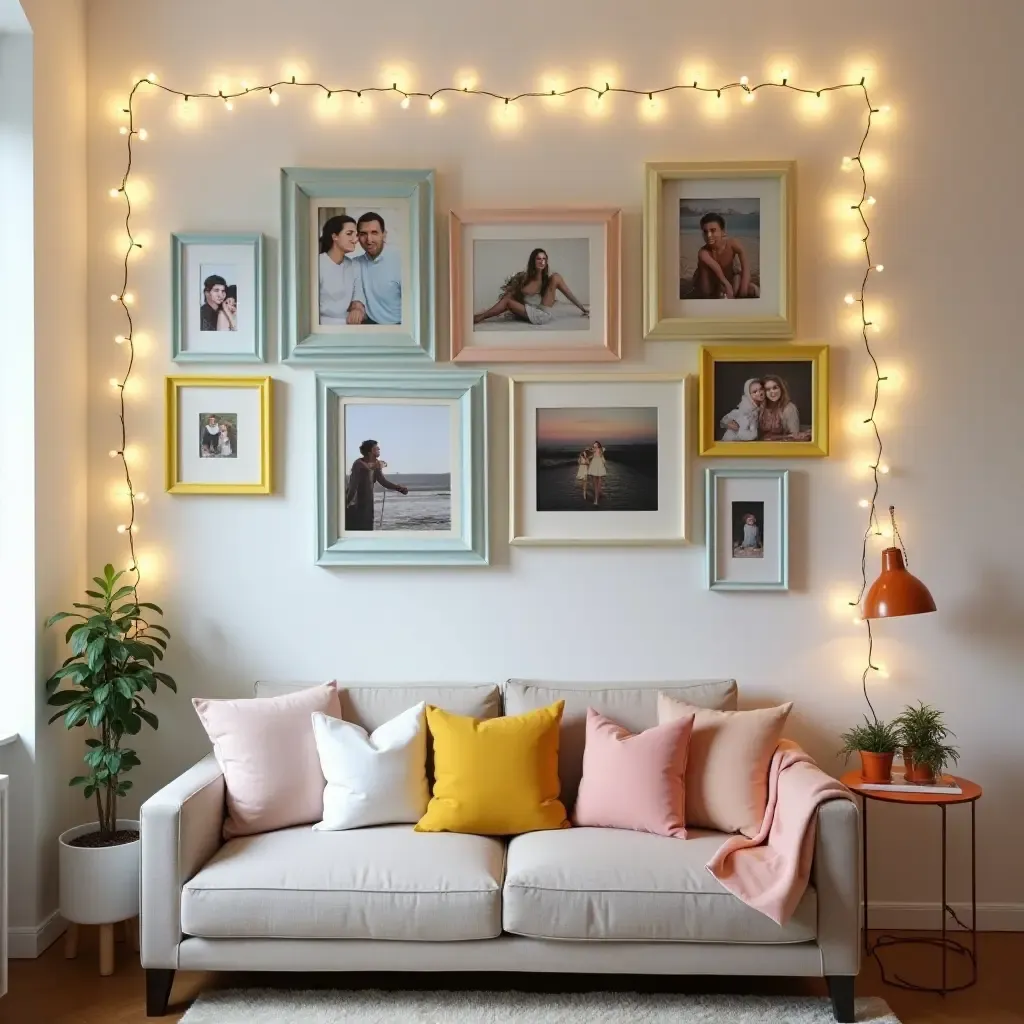 a photo of a DIY photo wall with colorful frames and string lights