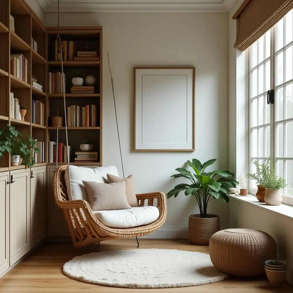 a photo of a cozy reading nook featuring a swing chair and bookshelves