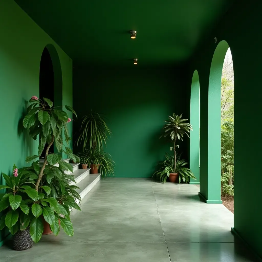 a photo of a basement with a green color scheme and foliage