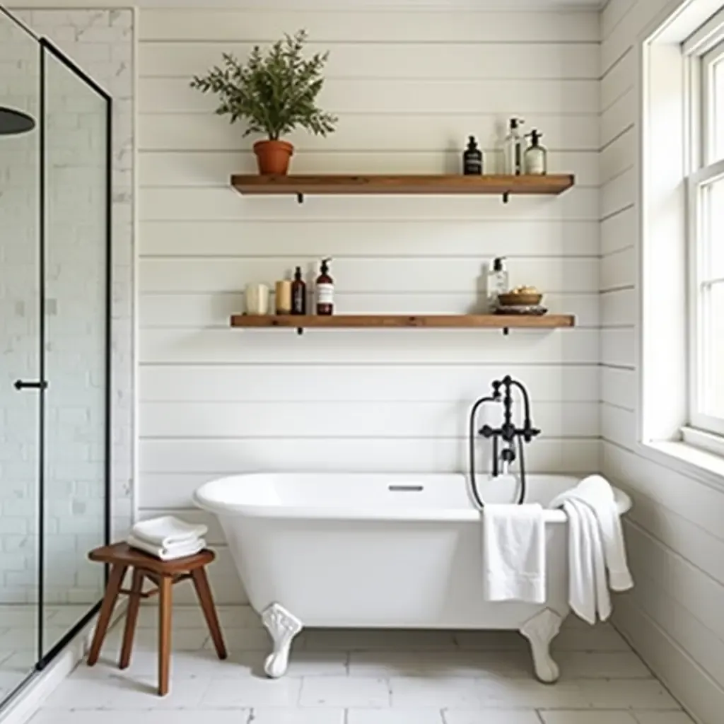 a photo of a cozy bathroom featuring whitewashed walls and rustic wooden shelves