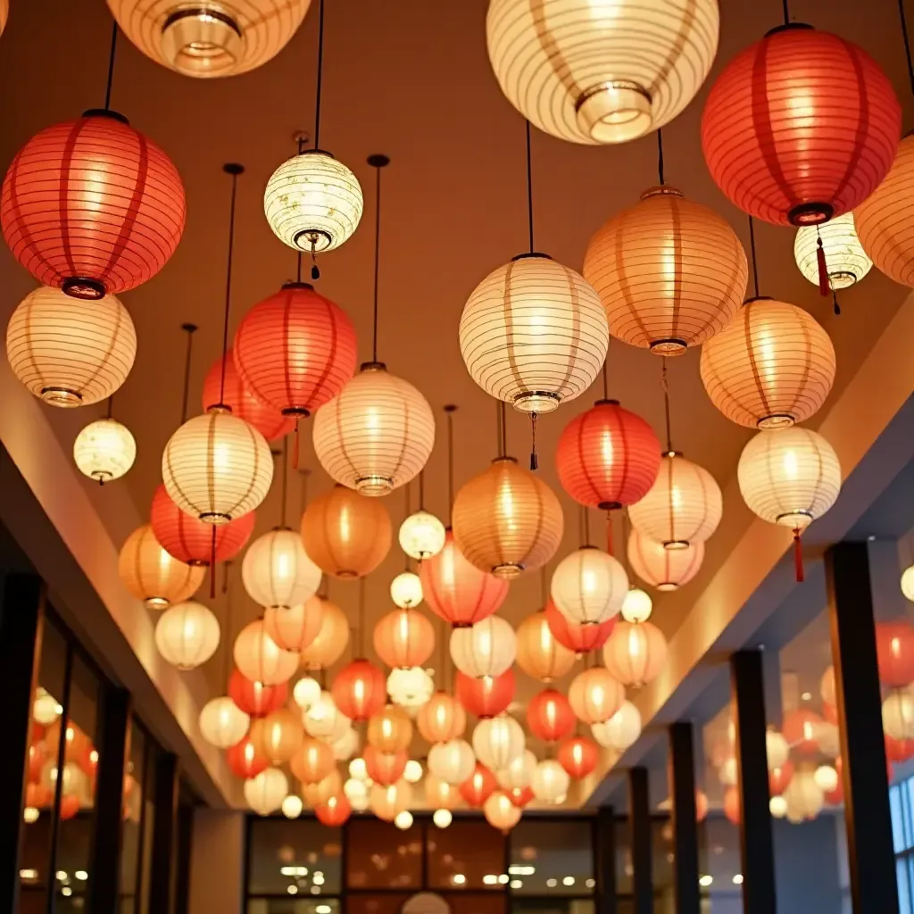 a photo of a whimsical ceiling installation with paper lanterns