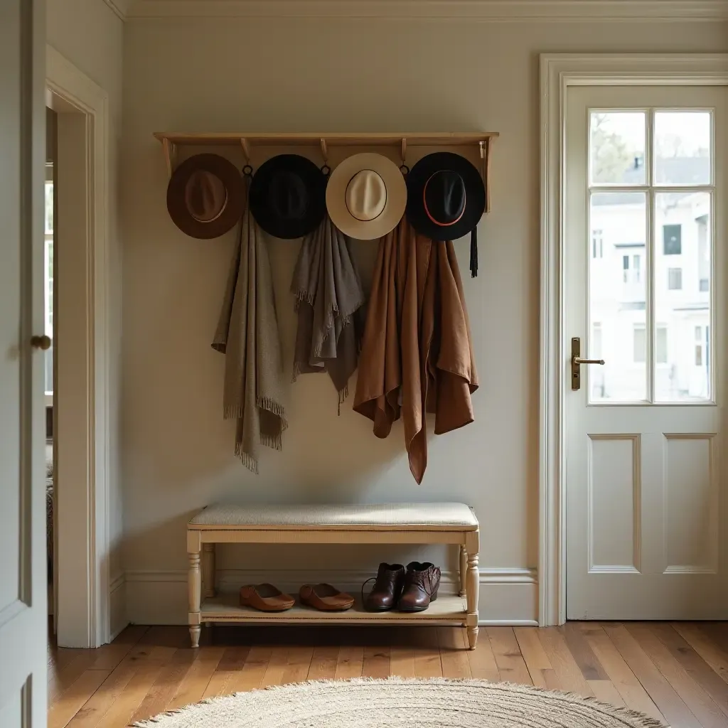 a photo of a retro coat rack adorned with hats in a cozy entrance hall