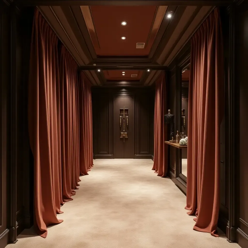 a photo of an elegant basement with luxurious fabric drapes, dark wood accents, and shiny metal details