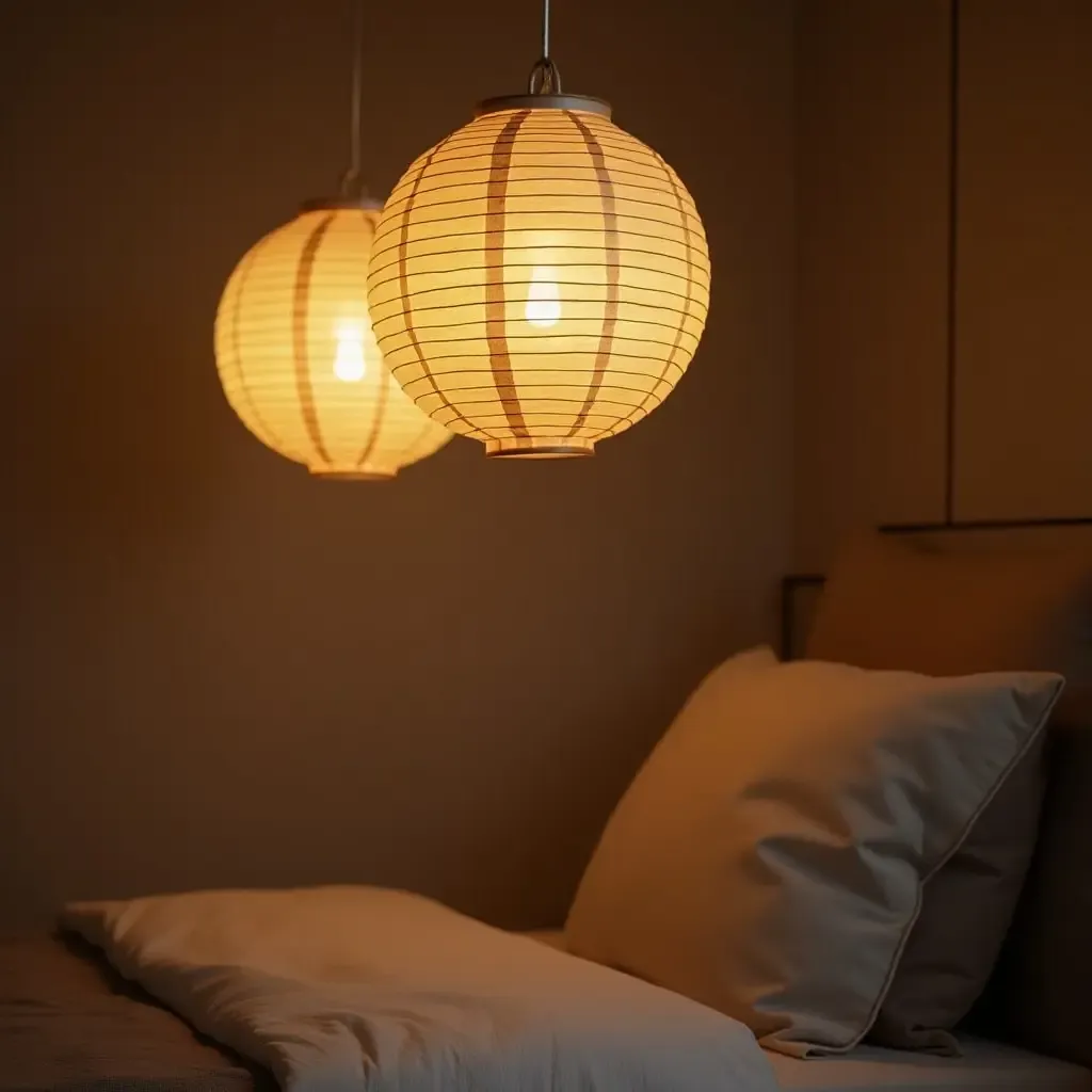 a photo of a pendant light made of paper lanterns in a cozy bedroom