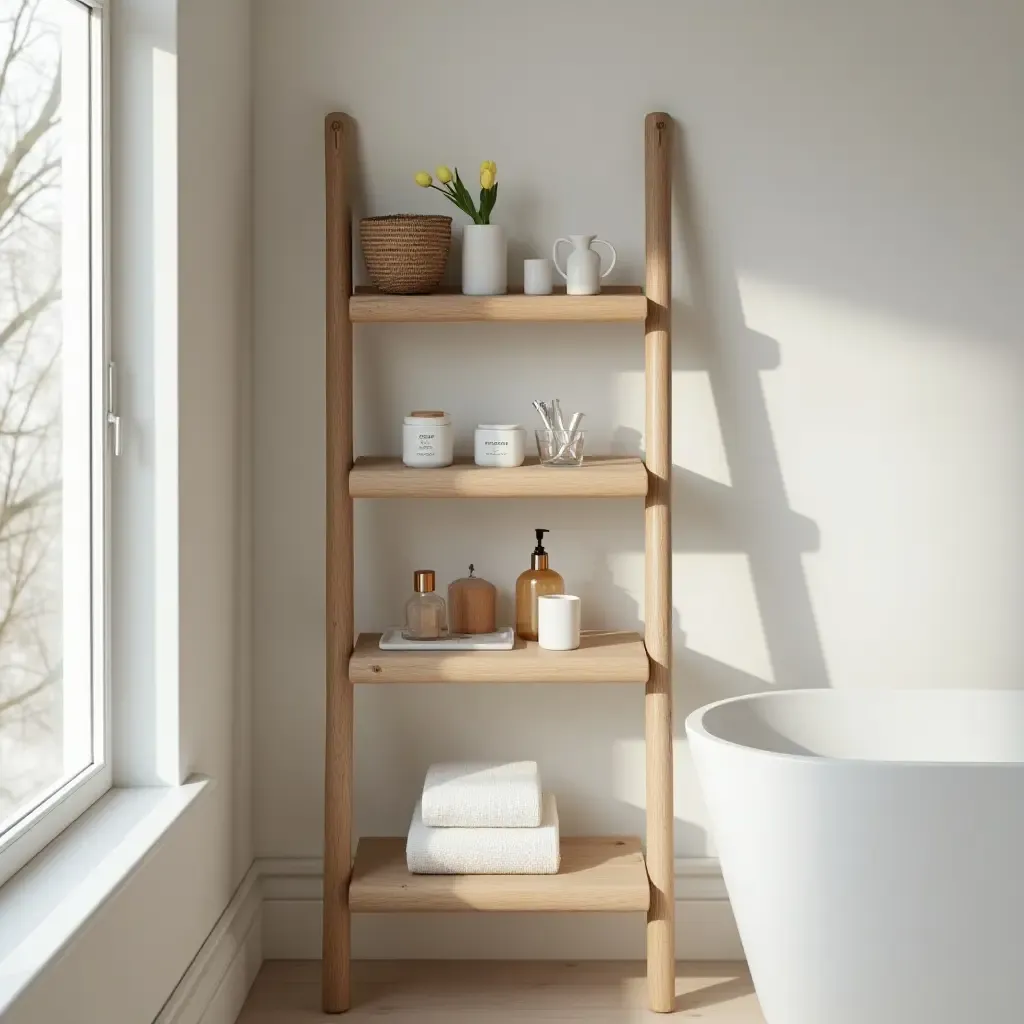 a photo of a wooden ladder shelf with bath essentials in a cozy bathroom