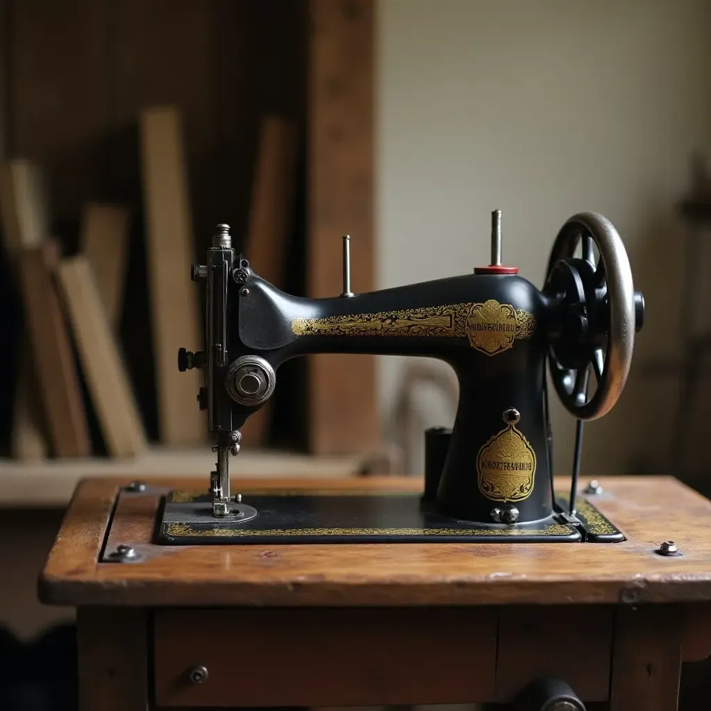 a photo of a vintage sewing machine on a rustic table