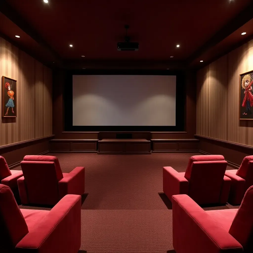 a photo of a basement movie theater with plush seating and a large screen