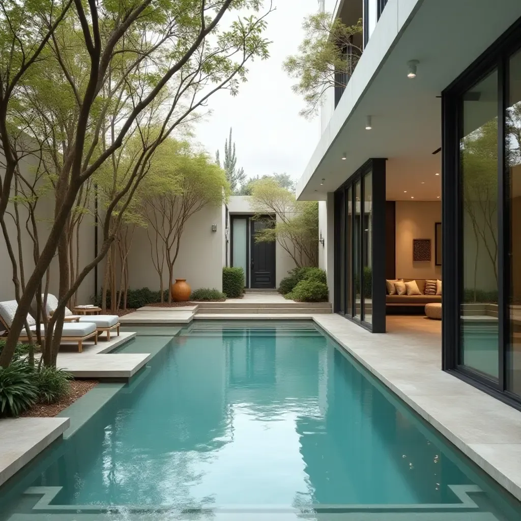 a photo of a small pool surrounded by stylish outdoor curtains