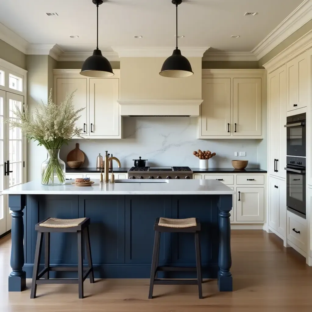 a photo of a classic cream and navy kitchen with timeless elegance