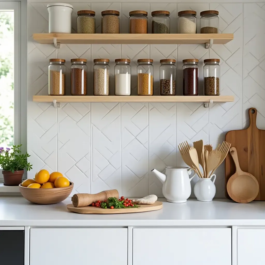 a photo of a small kitchen with decorative jars and organized spice racks