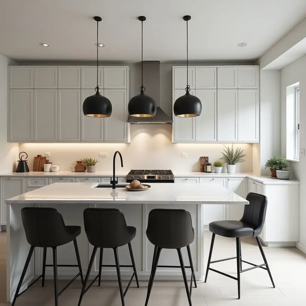 a photo of pendant lights in a monochromatic kitchen design