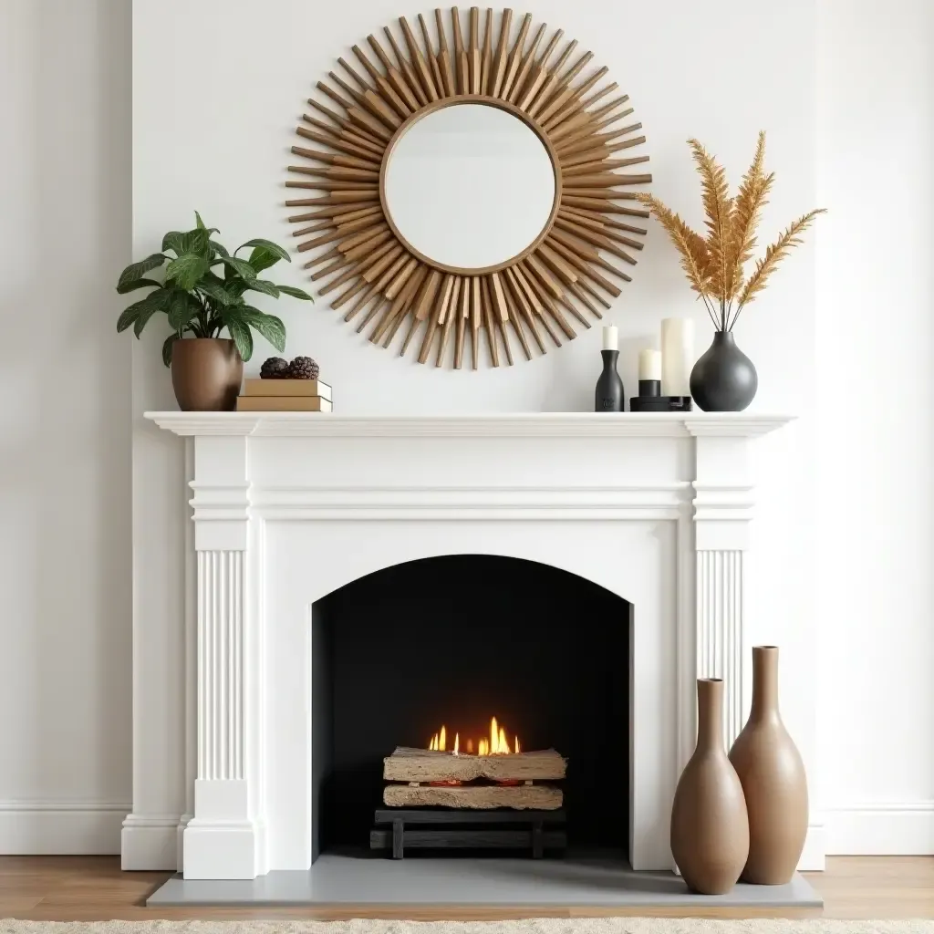 a photo of a chic mantel decorated with a sunburst mirror and stylish accents