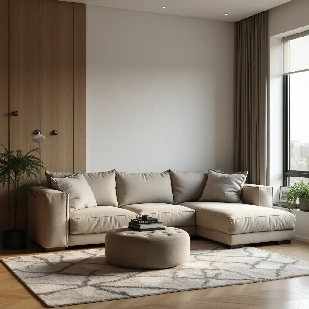 a photo of a compact sectional sofa in a TV room