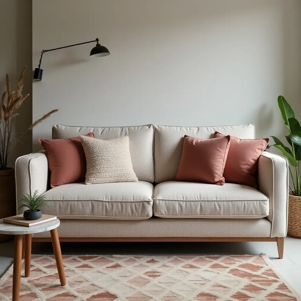 a photo of a dynamic living room with layered throw pillows on a textured sofa