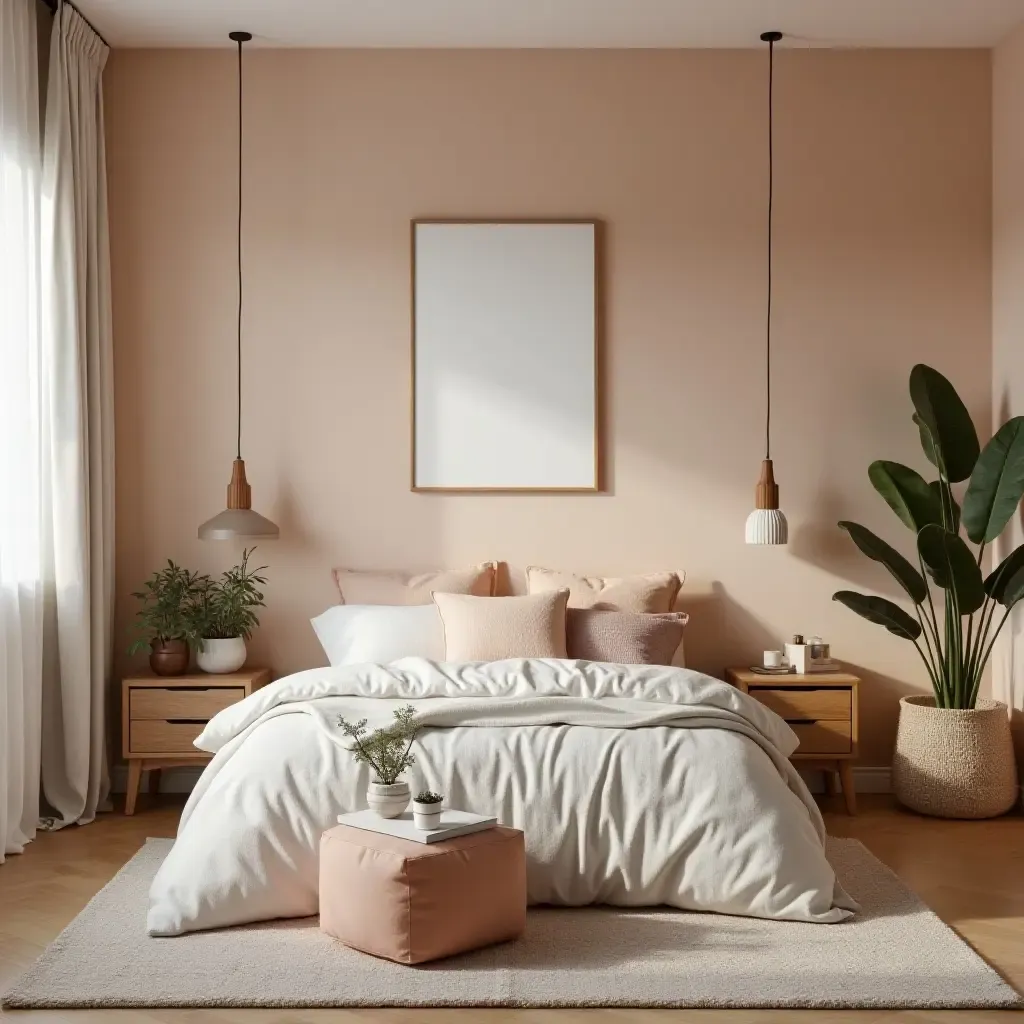 a photo of a bedroom with a minimalist color palette and bohemian accents