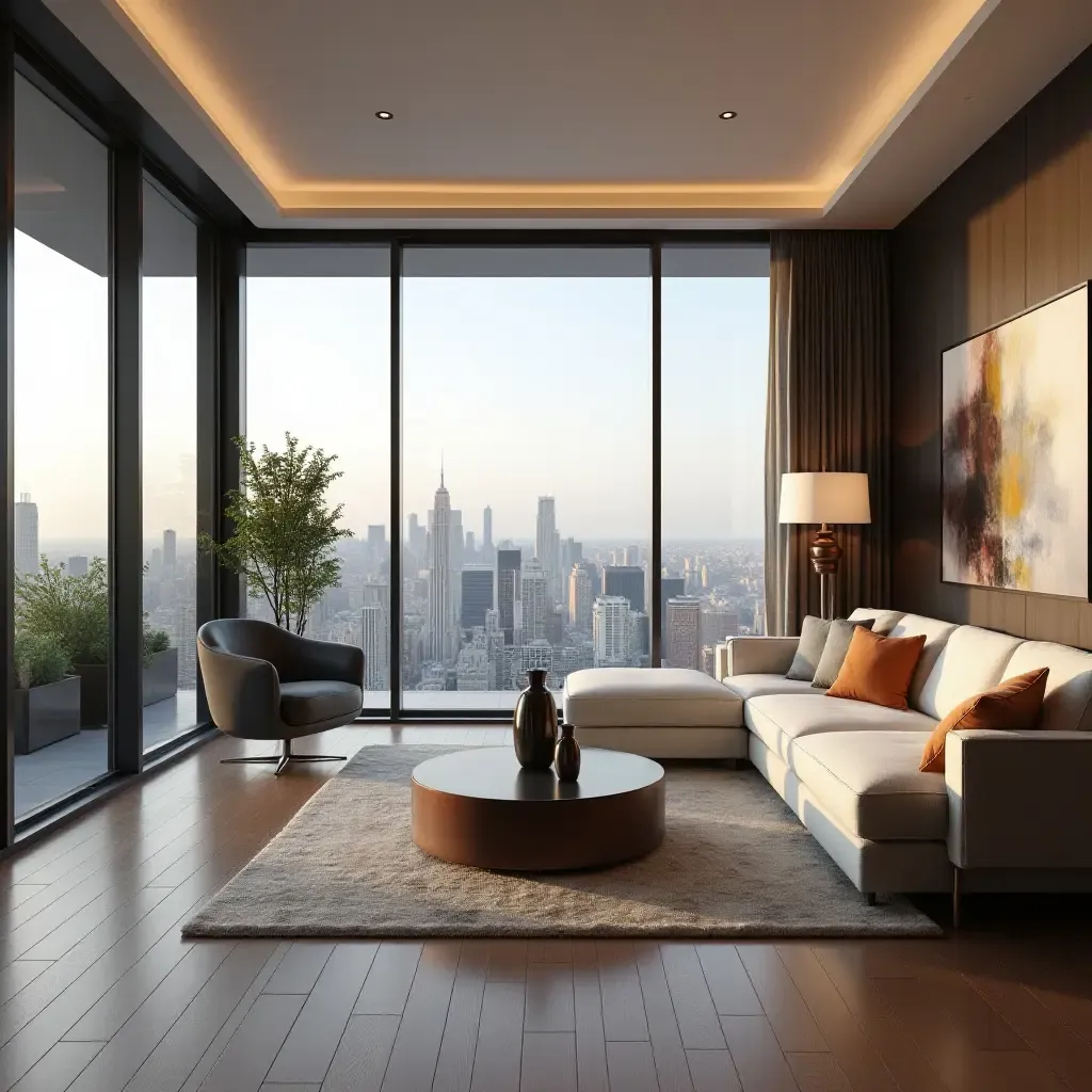 a photo of a luxury apartment living room with panoramic city views