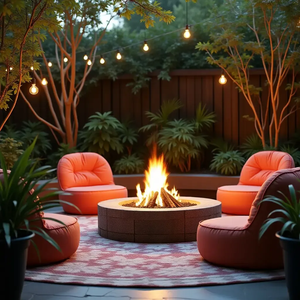 a photo of a cozy fire pit surrounded by colorful seating and lush plants