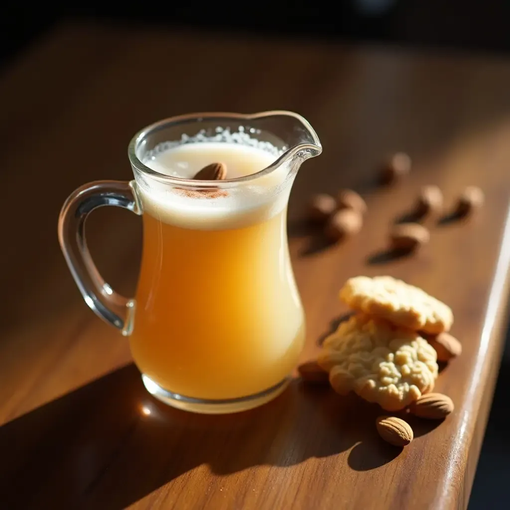 a photo of a pitcher of soumada, a sweet almond drink, served with almond cookies on a wooden table.