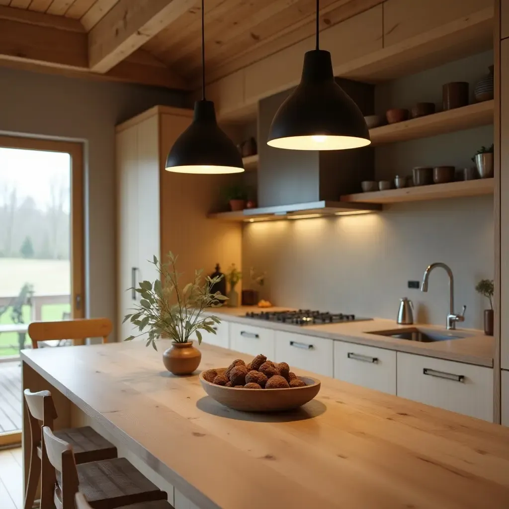 a photo of pendant lights with natural wood finishes in a cozy kitchen