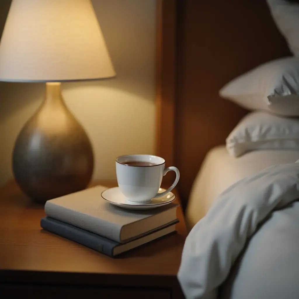 a photo of a nightstand with a teacup and a stack of books