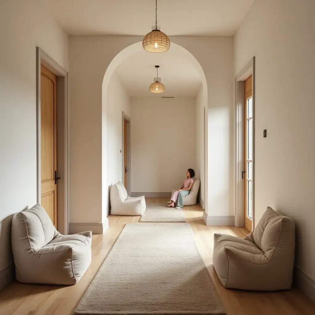 a photo of a welcoming corridor with a soft rug and bean bags