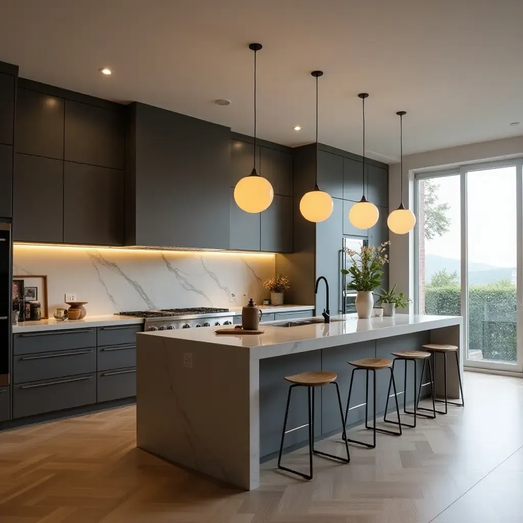 a photo of a sleek kitchen featuring a large island and pendant lighting