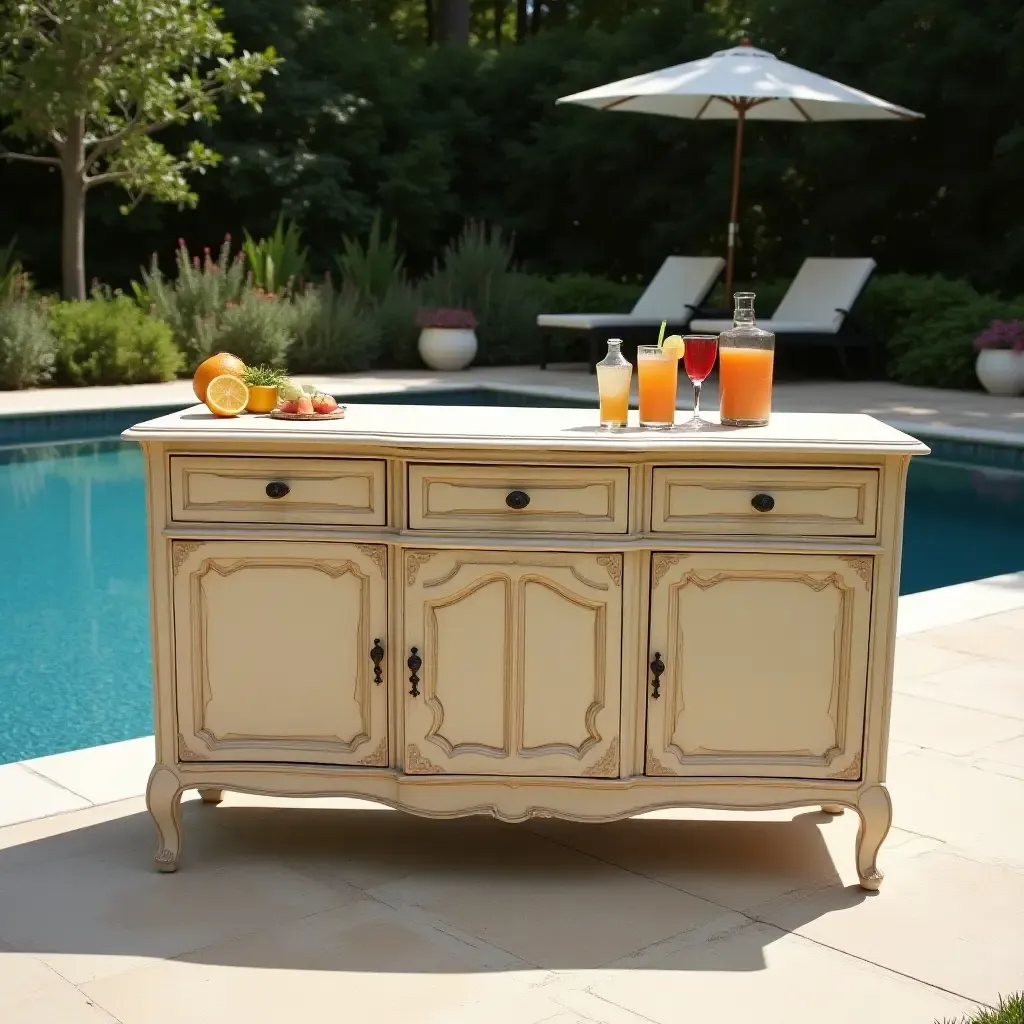 a photo of a charming vintage sideboard serving drinks poolside