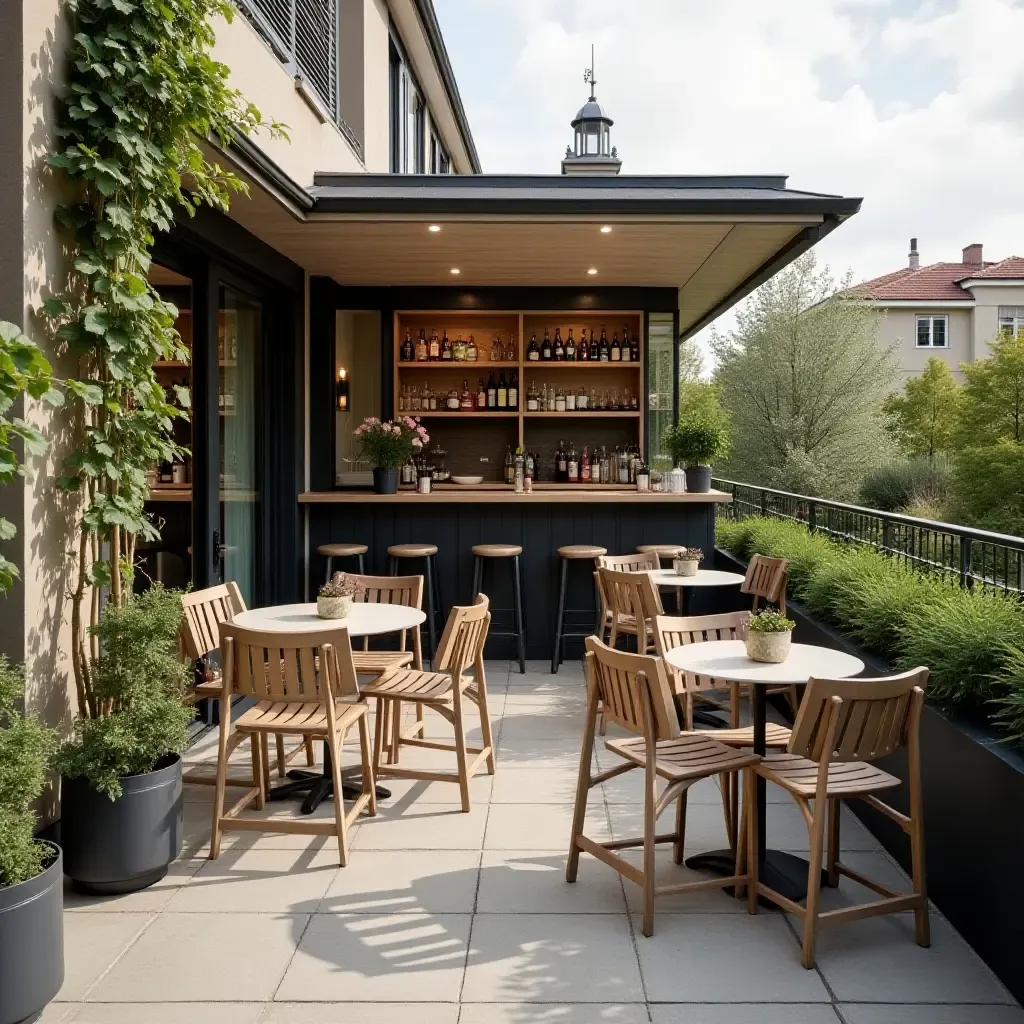 a photo of a balcony with a compact outdoor bar setup