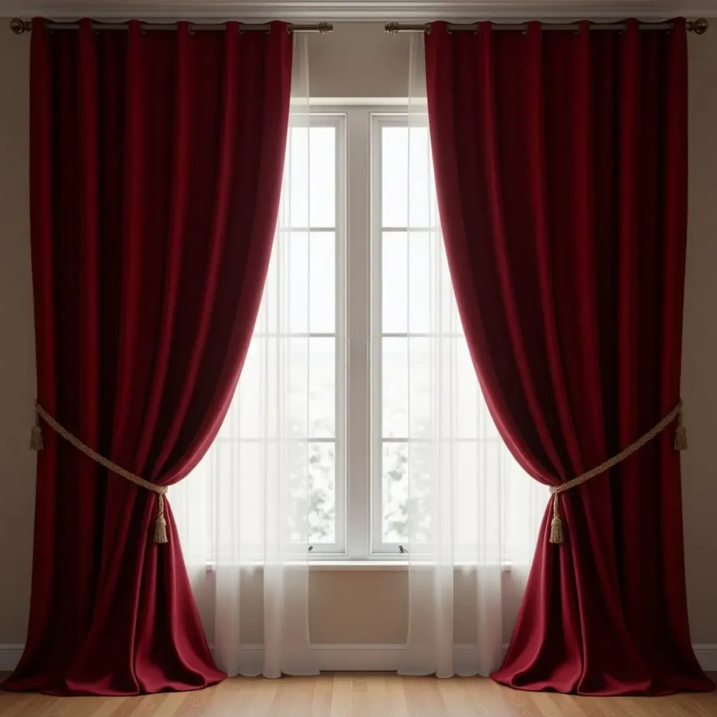 a photo of elegant burgundy curtains draping over large windows