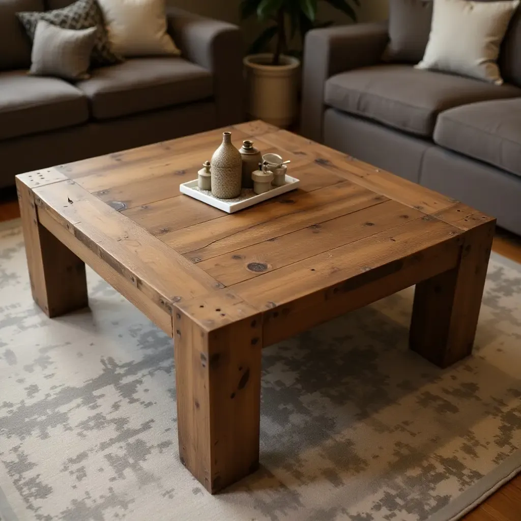 a photo of a rustic wooden coffee table with vintage coasters