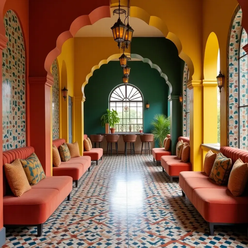 a photo of a vibrant space with patterned tiles and comfortable seating