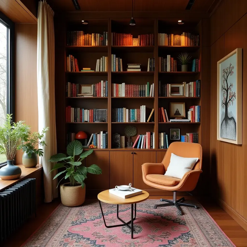 a photo of a reading nook surrounded by bookshelves filled with colorful books