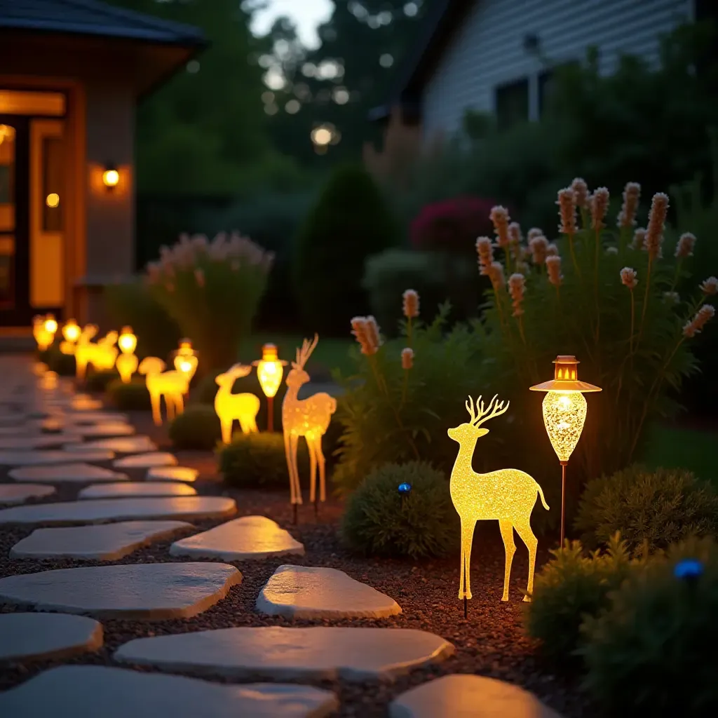 a photo of a patio with decorative garden stakes and lights