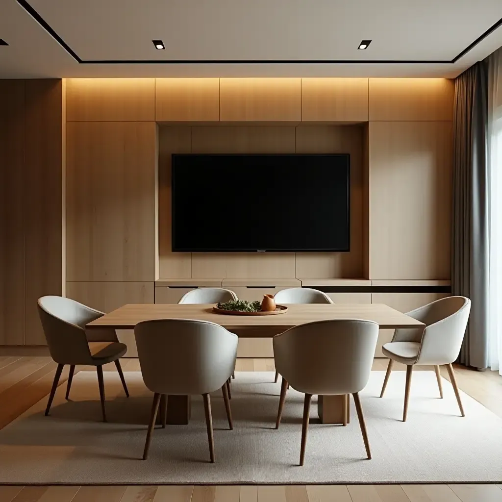 a photo of a dining room featuring a fold-down TV for space-saving functionality