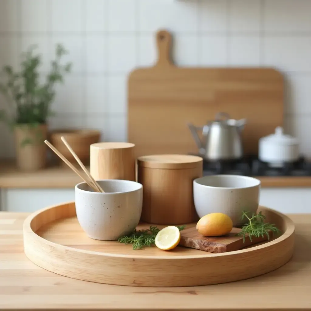 a photo of a wooden tray with kitchen essentials