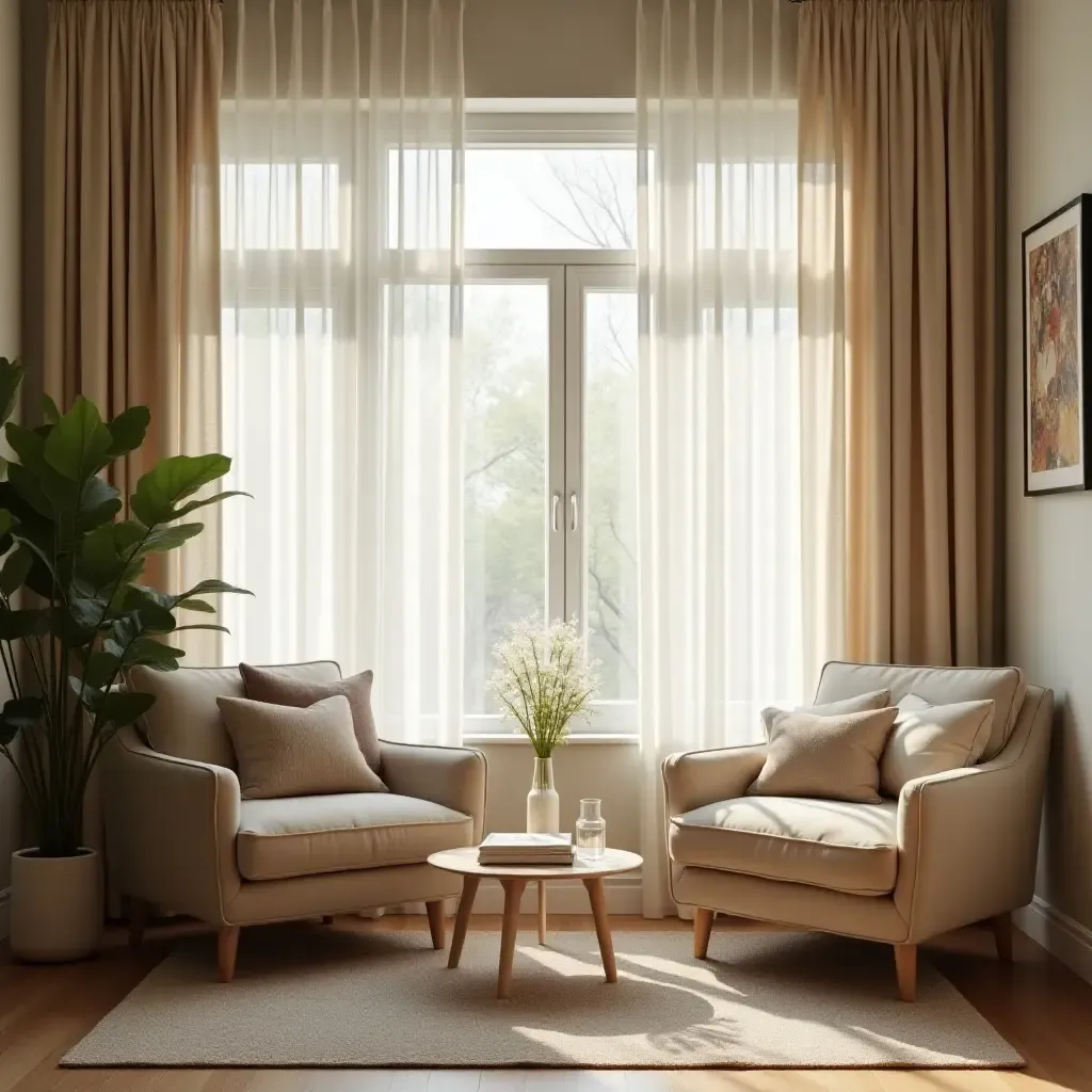 a photo of a serene reading nook with soft curtains and a comfy chair