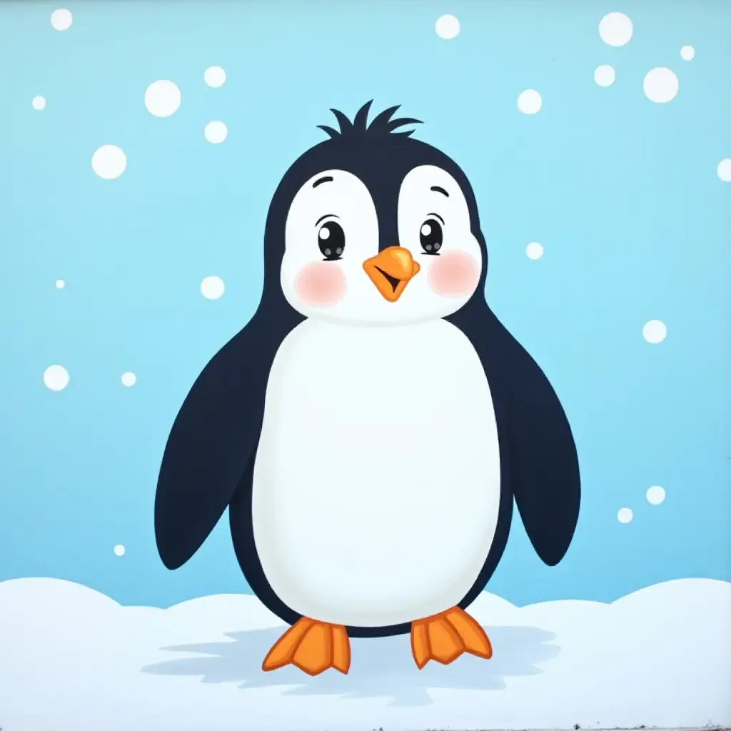 a photo of a cute penguin mural on an icy background