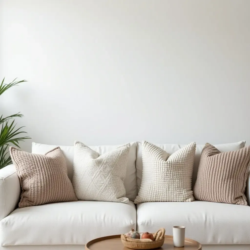 a photo of a minimalist living room showcasing textured throw pillows on a simple sofa