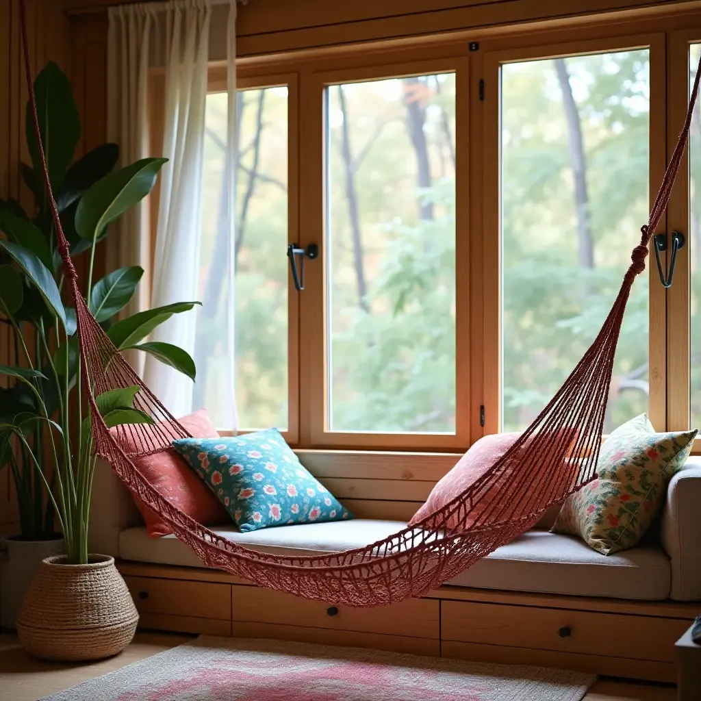 a photo of a reading nook with a hammock and colorful cushions