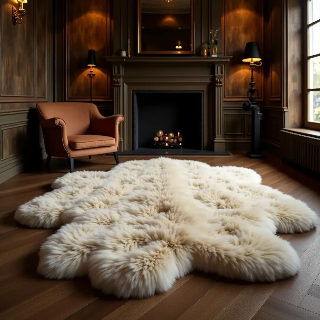 a photo of a luxury fur rug in a glamorous setting