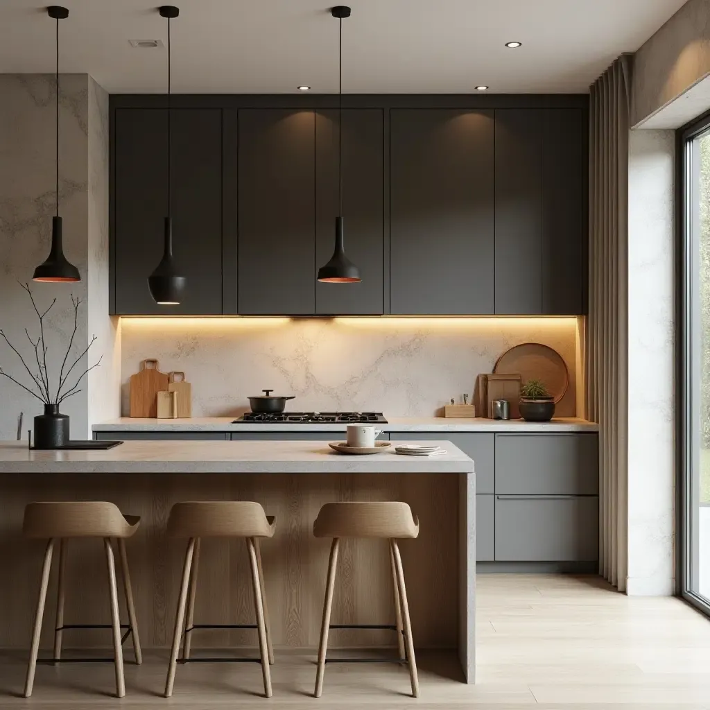 a photo of a Scandinavian kitchen with layered textures and cozy lighting