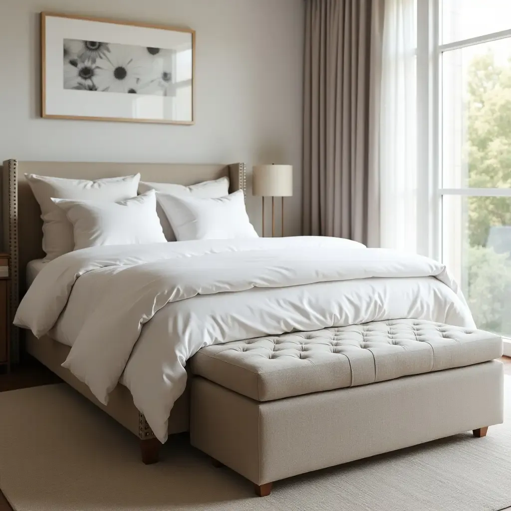 a photo of a chic storage ottoman at the foot of the bed