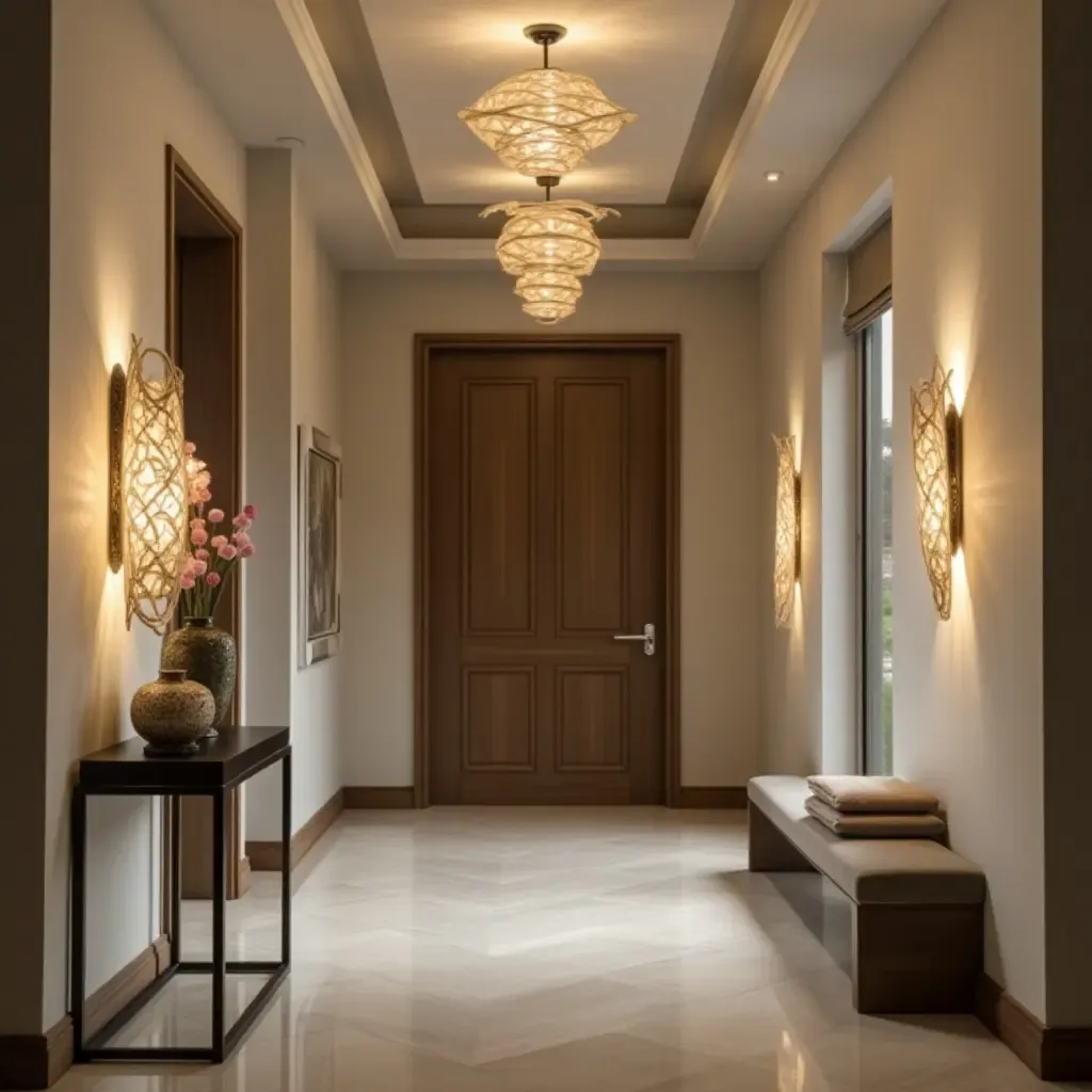 a photo of artistic light fixtures enhancing a contemporary entrance hall