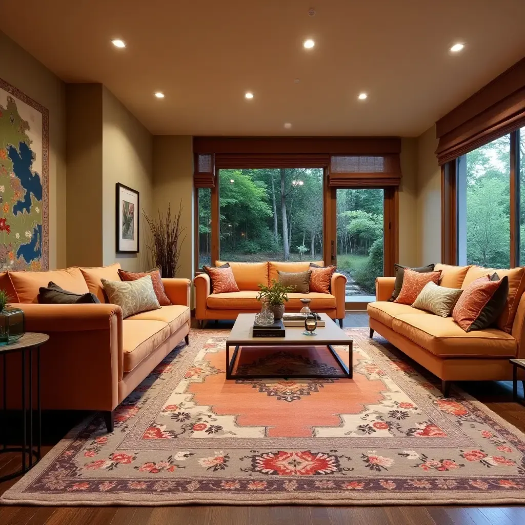 a photo of a basement lounge with a large rug and colorful cushions