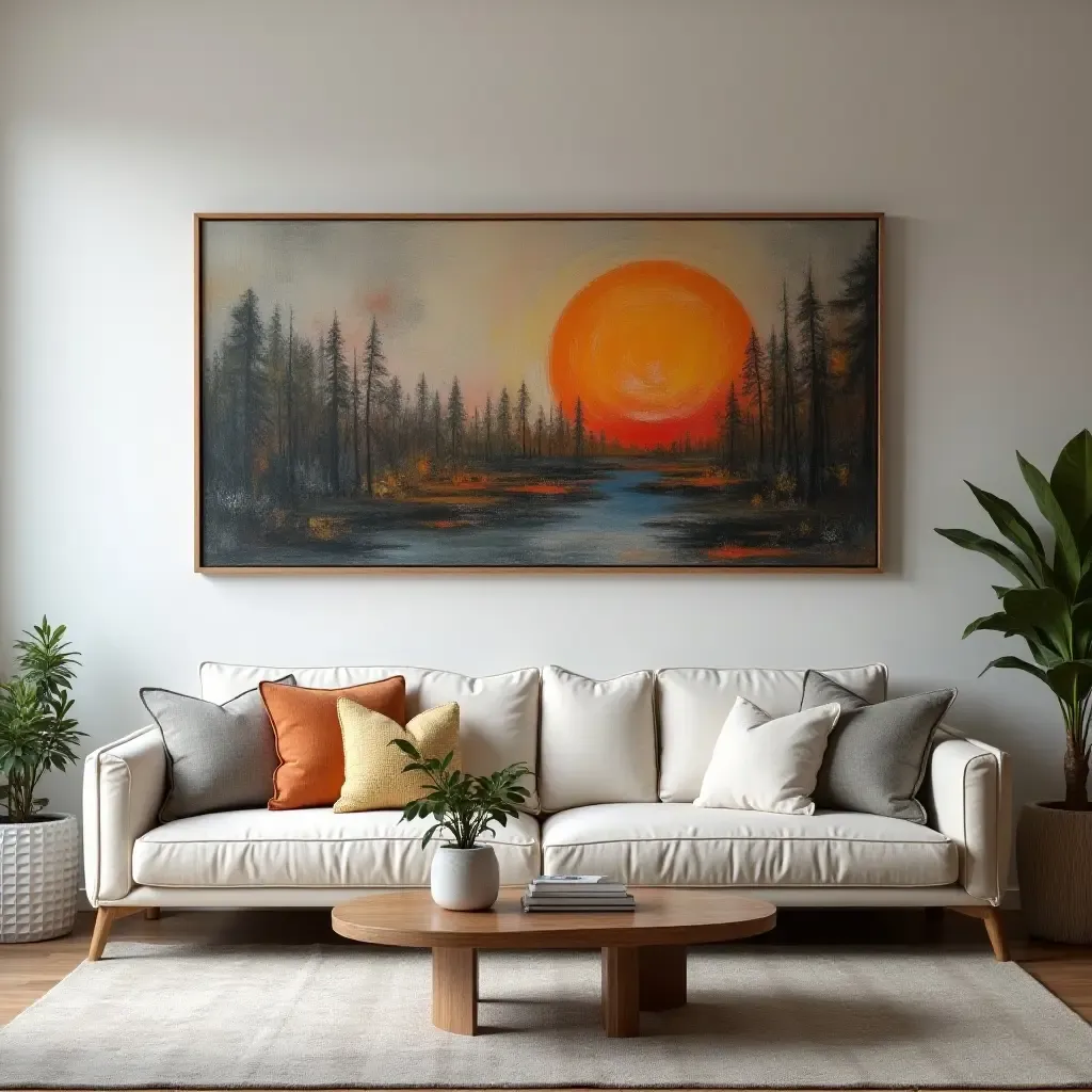 a photo of a living room with a unique art installation above the couch