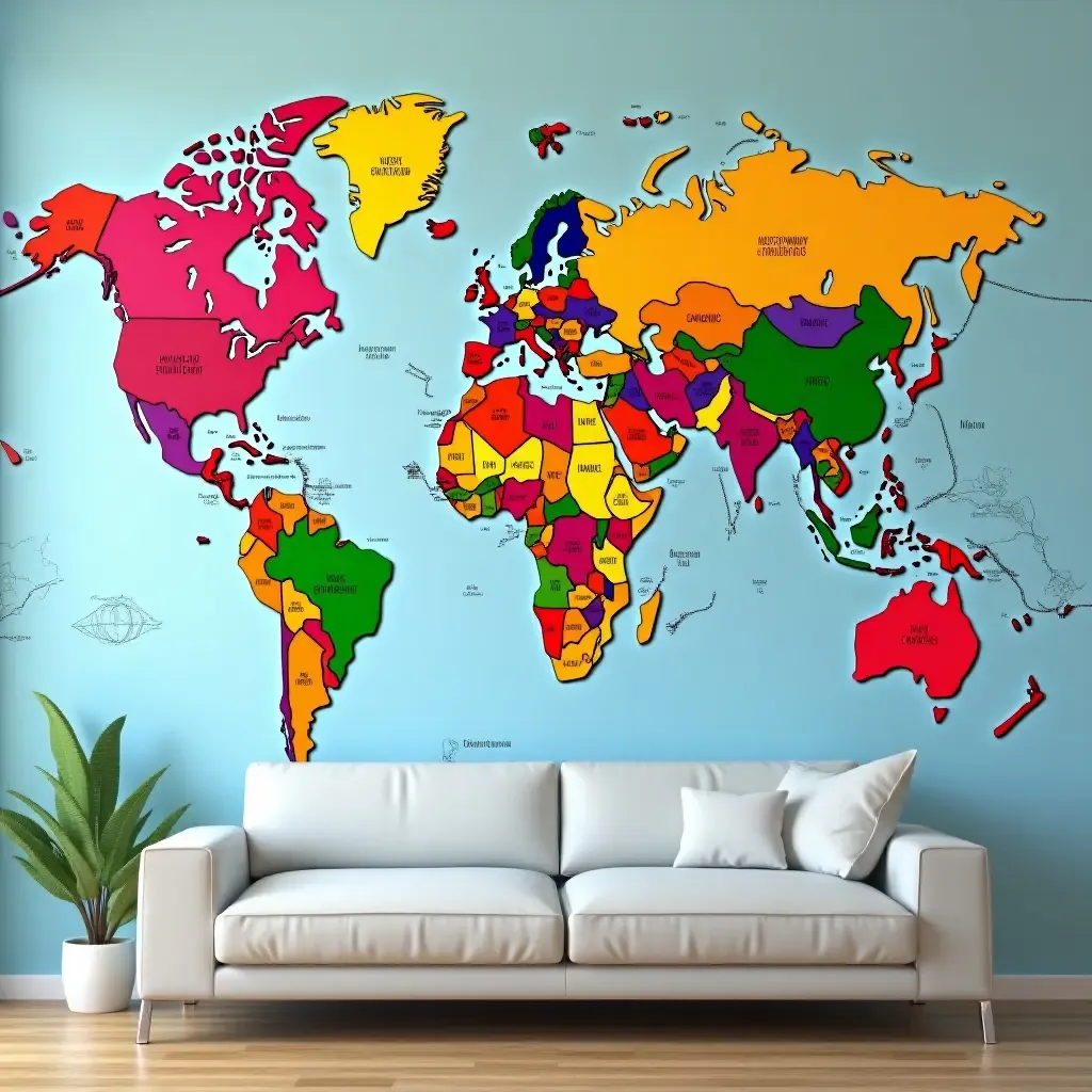 a photo of a colorful world map mural for travel lovers