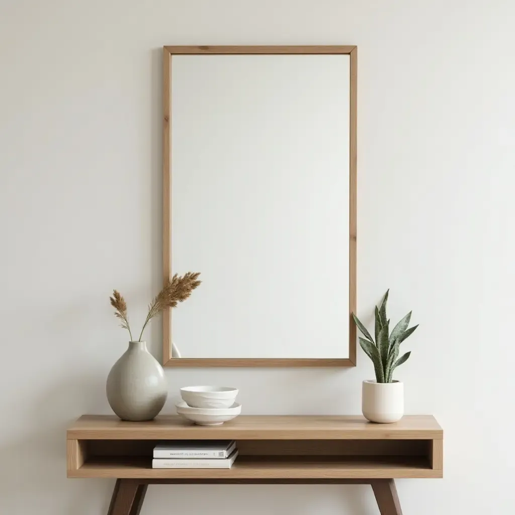 a photo of a wooden mirror frame above a console table