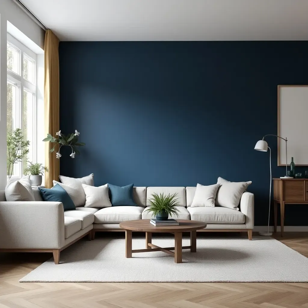 a photo of a living room featuring a bold navy blue accent wall